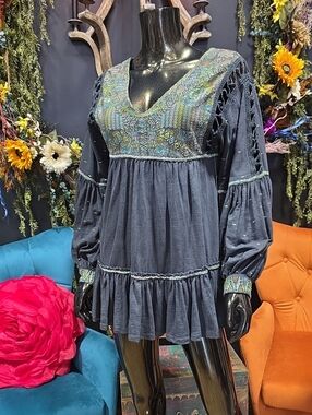 Free People Washed OUt Black Embroidered Mini Dress or Tunic